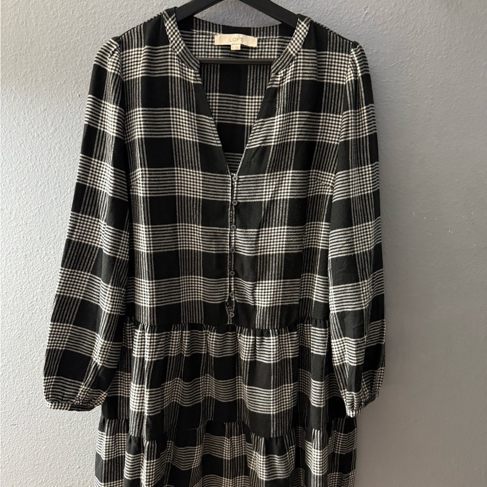 LOFT Black and White Plaid Tiered Button-Front Long Sleeve Dress
